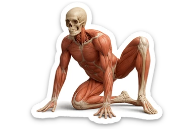 CORPO UMANO ANATOMICO REALISTICO CHE SVOLGE UN ESERCIZIO DI MOBILITà ALLE ANCHE, iperrealistico 4k sticker