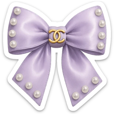 Remove the background, keep only the elegant bow with pearls and gold Chanel logo, glossy, pastel colors, realistic style, with no background. purple sticker