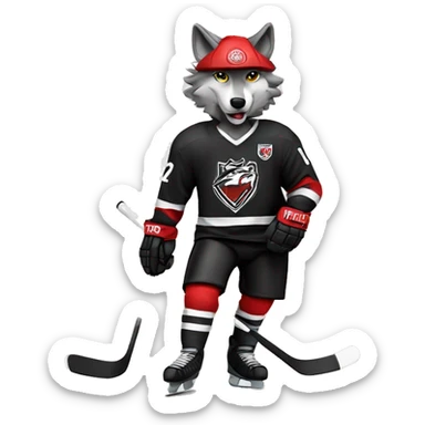 A wolf plays hockey in a black and white red uniform with a wolf emblem on his chest sticker