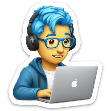 male programer coding in a macBook with headphones and blue hair  sticker
