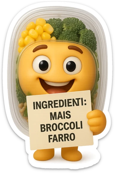 SU QUESTO STILE FAI UN EMOJI STILE IPHONE 3D DI UN INSALATA PRECONFEZIONATA DA SUPERMERCATO CON FOCUS SU ETICHETTA NUTRIZIONALE CON GLI INGREDIENTI IN ITALIANO TIPO: MAIS, BROCCOLI, FARRO, ACCANTO ALL'INSALATA CHE HA IN MANO C'è UN FOCUS SULL'ETICHETTA CON GLI INGREDIENTI SCRITTI, FALLO MOLTO REALISTICO IN 3D sticker
