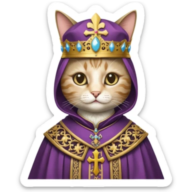 “Half-body humanoid figure with a realistic cat face, wearing ornate bishop robes and a mitre, dark gothic background, dramatic lighting, highly detailed.” sticker