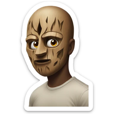 male portrait on the street with a cursed wooden mask sticker