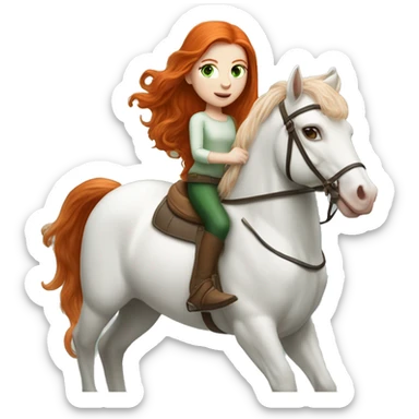 Redhead (ginger) girl, long blowout hair, green eyes and pale skin riding a white horse sticker