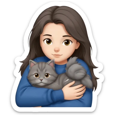 Brunette girl with dark blue sweatshirt snuggling a fluffy grey Siberian cat sticker