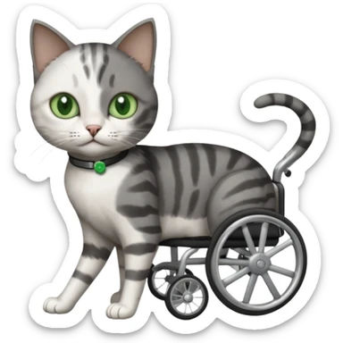 full body small short hair dark grey and white cat with green eyes walking in a wheelchair for cats sticker