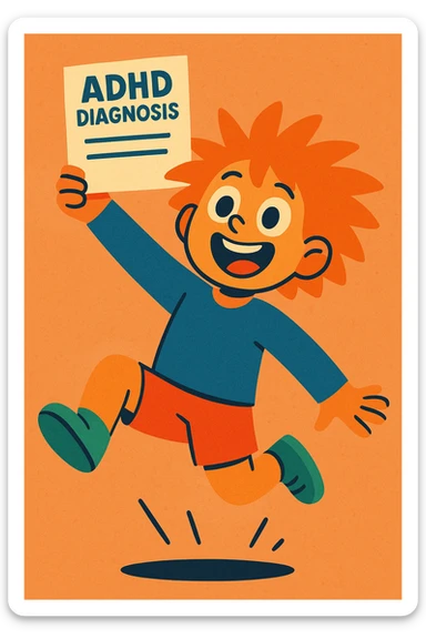 A child with wild hair and excited eyes, jumping up while holding a document that says 'ADHD Diagnosis', in a vibrant toon style sticker