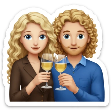 A woman with brown eyes and long blond curly hair and a man with blue eyes and brown hair, they toast to each other with a glass of white wine. They both have blue eyes sticker