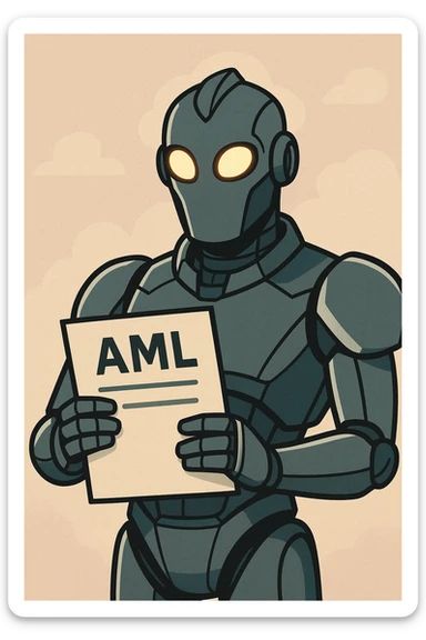 futuristic robot with glowing eyes holding a document marked AML representing the fight against money laundering and terrorism in a sleek professional style sticker