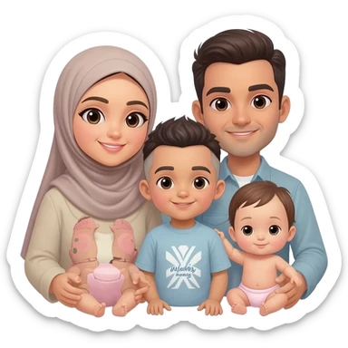 Family of four man woman 1 year old boy and baby girl but make the woman a hijabi and the boy younger man with a low fade pern sticker
