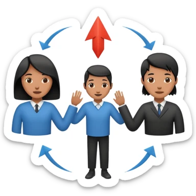 Minimalistic flat vector icon, iOS style, thin black contour on white background. Three people silhouettes connected by circular arrows, symbolizing Scrum teamwork. Clean, no text, no shadows sticker