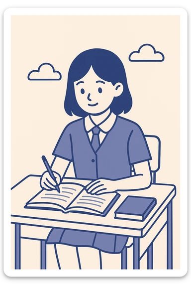 school girl in uniform studying, simple desk, clean lines, flat illustration style sticker