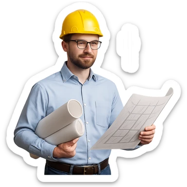 civil engineer with blueprints and hard hat, technical setting sticker