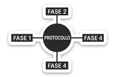 fai uno schemino scritto in bianco con la scritta al centro "PROTOCOLLO" E INTORNO METTI DELLE LINEE DI COLLEGAMENTO CON "FASE 1" "FASE 2" "FASE 3" "FASE 4", DEVE FAR CAPIRE CHE IL PROTOCOLLO SI SUDDIVIDE IN 3 FASI sticker