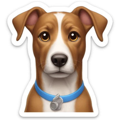 adopted brown dog with a white line in the middle of her hed and honey eyes and blue collar with bunny ears sticker