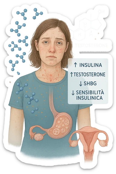 Donna tra i 25 e i 35 anni in primo piano, con espressione affaticata. Intorno al suo corpo appaiono in modo stilizzato e simbolico squilibri ormonali: molecole di insulina in eccesso fluttuano attorno, androgeni (testosterone) evidenziati sopra la testa, segnali visivi di infiammazione cronica lieve. Sopra le ovaie (visibili in trasparenza) compaiono piccole cisti multiple. Accanto a lei, un diagramma stilizzato mostra: '↑ Insulina', '↑ Testosterone', '↓ SHBG', '↓ Sensibilità insulinica'. L’atmosfera è scientifica, educativa ma empatica. Stile realistico con elementi infografici fluttuanti e colori freddi ma puliti. in italiano sticker