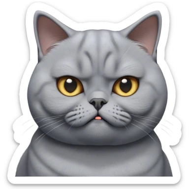 Cinematic Comical Grey British Shorthair Cat Portrait Emoji, Head tilted with a scrunched, grumpy expression, sleek soft grey fur with subtle blue undertones, Simplified yet sharp features, highly detailed, glowing with a slightly sarcastic glow, high shine, poised but with a comically displeased demeanor, stylized with an air of playful disdain, focused yet unimpressed, soft glowing outline, capturing the essence of a grumpy yet endearing kitty, so lifelike it feels like it could give you an exaggerated sigh and a disapproving stare at any moment! sticker