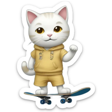Skirt wearing white cat fall on sky with skateboard to sea sticker