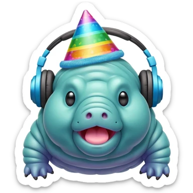 microscopic tardigrade wearing headphones and a party hat sticker