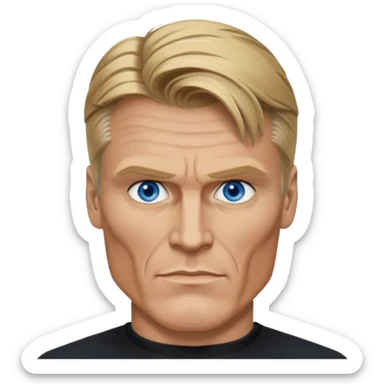 Dolph Lundgren with blue eyes, dark blonde hair, black outfit sticker
