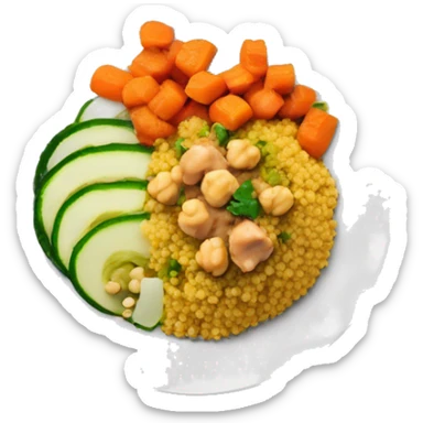 Couscous dish on a plat with orange sauce, carrots, zucchini, chickpeas and meat on top sticker