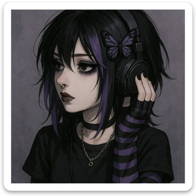 emo girl with headphones, purple highlights, butterfly hairpin sticker