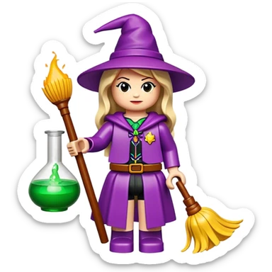 A lego girl with  potion and a broom sticker