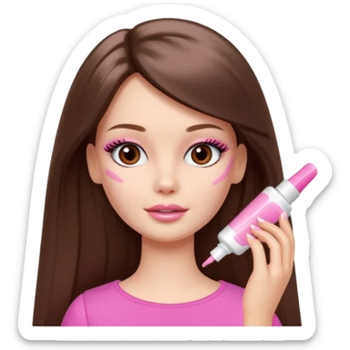 Barbie girl a brown long Straight hair and brown eyes is In pale pink smears by hand cosmetic cream on her face sticker
