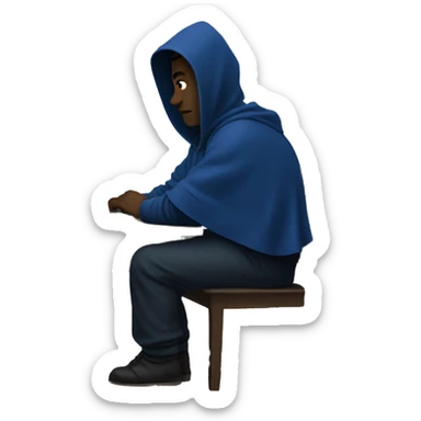 A man in a dark blue hoodie with a capelet on his head, his face not visible in the shadows, is sitting at a computer. sticker