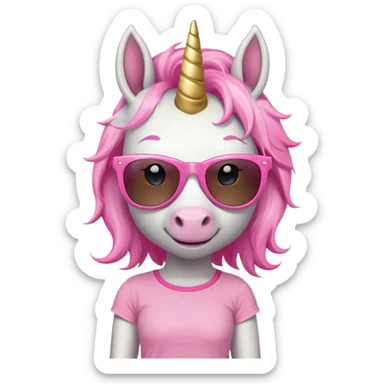 friendly anthropomorphised female unicorn with horse-like face, in tutu and pink t-shirt, wearing dark sunglasses, standard pose, close-crop head and shoulders portrait sticker