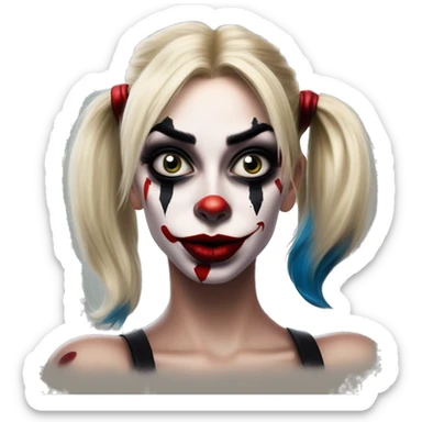 Insane Harley Quinn in Uncle Scrooge style, oil paint, mysterious eyes, intricate lips, masterpiece portrait, beautiful, desirable, logical sticker
