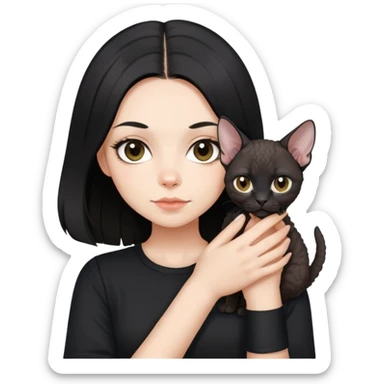 a  girl with black long hair with a white devon rex with black shirt sticker