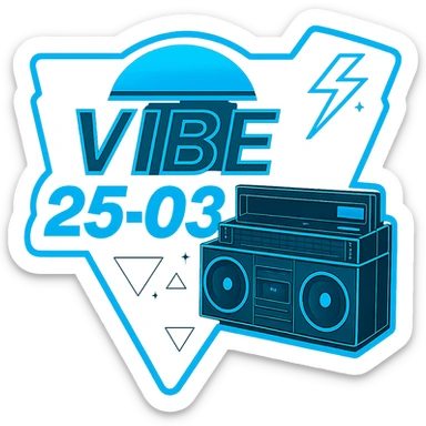 Edit the square VIBE25-03 neon 80's synthwave boombox logo by changing all neon yellow elements to neon blue while keeping the vibrant retro style. Maintain no background (transparent). sticker