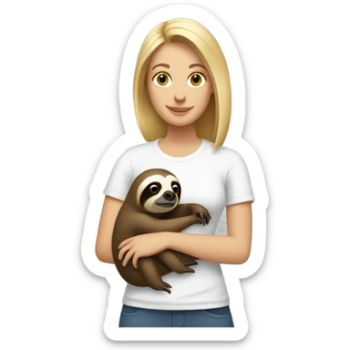 Lady with shoulder length blonde hair in white t-shirt holding a sloth sticker