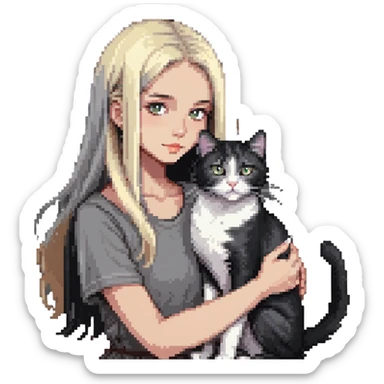 Beautiful girl with long black hair petting a gray and blonde mixed cat sticker