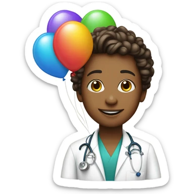 Young medical student with a sthetoscoe and a birthday cake and baloons sticker