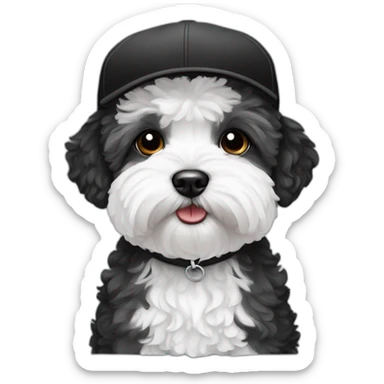 Maltipoo, black and white, with black cap sticker