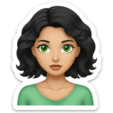 Woman with wavy black hair, green eyes and tan sticker