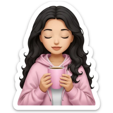 hispanic woman, black long wavy hair , closed eyes, feminine face, holding soft pink coffee cup wearing white Hoodie with pink blanket over shoulders sticker