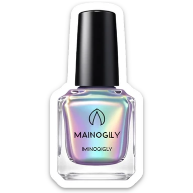 Brand name  " Maniogly " on label of holographic iridescent pastel nail polish bottle sticker