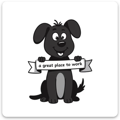 dog holding a ribbon with the text 'a great place to work' written in blue, hand drawn doodle style, notion style sticker