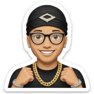 lightskin man with a black durag,a cuban link chain,glasses, and smiling flexing diamond studded grillz  sticker