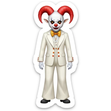 full-body demonic clown in a white leisure suit with bellbottom pants, bald, with black ram horns sticker
