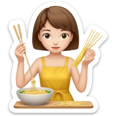 Brown short hair girl and white skin with yellow dress making noodle sticker