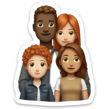 family where one person is white with red hair, one is a brown girl, one is a white girl with brown hair, and one is a monst sticker