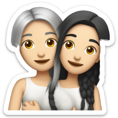 A lesbian couple who both have white skin and long black hair are hugging intimately. sticker