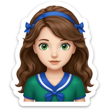 A pretty girl with BLUE EYES, brown long wavy hair, and wear green Hawkins cheerleader uniform sticker