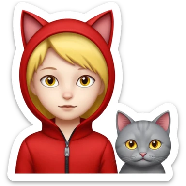 There is a kid wearing all red. Next to him there is a gray cat that has a red cat outfit and the cat has yellow eyes sticker