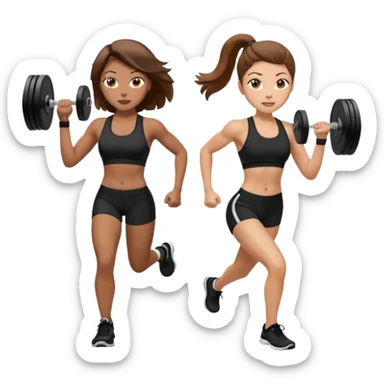 two women. the left one is running. the right one is lifting weights. they have brown hair, light skin, hazel eyes. sticker