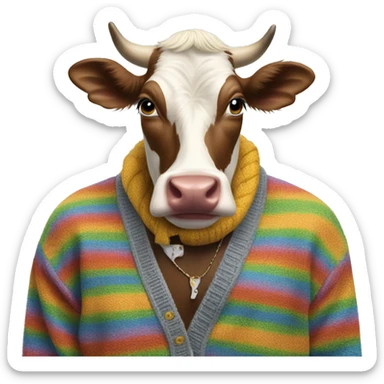 Gay cow eating wearing a cardigan with Eminem and cardi b sticker